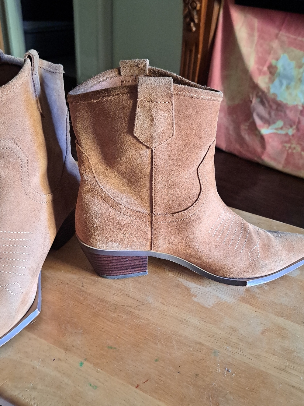 Women's Suede Pointed-Toe Ankle Booties in Tan - Picture 5 of 9